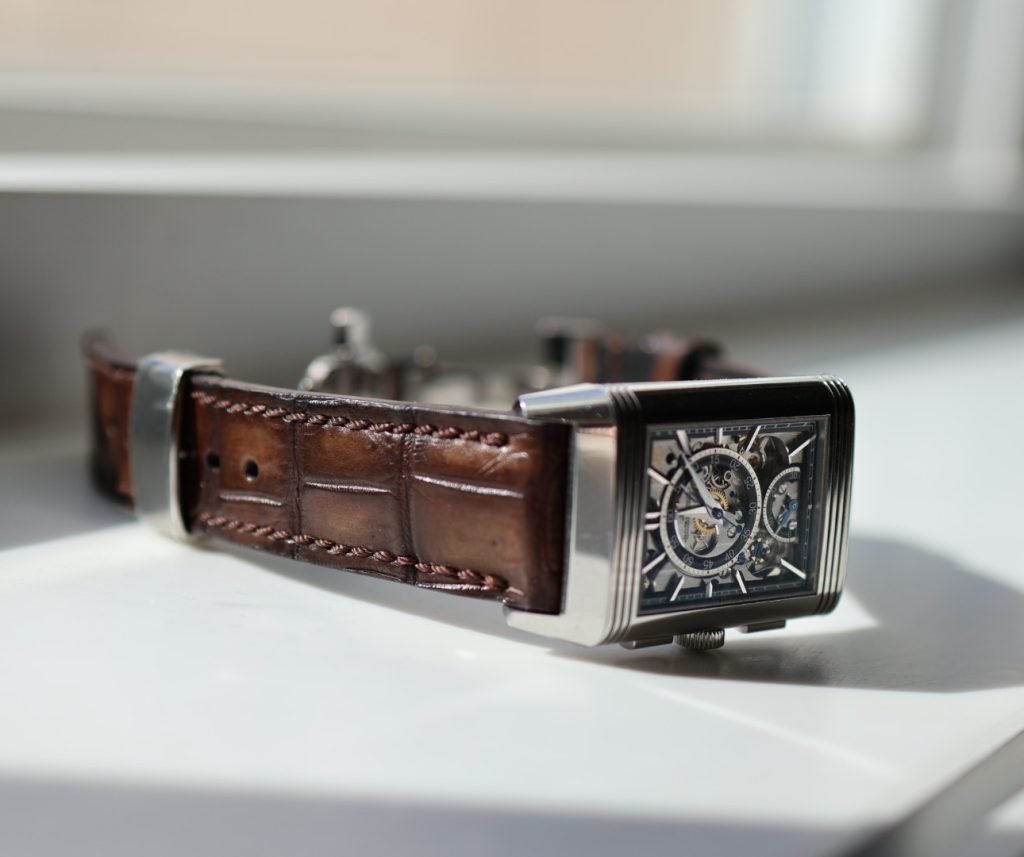 Ironwood Croco Leather Strap on Jaeger Le-Coultre watch by Gunny Straps (photo by James Fox)