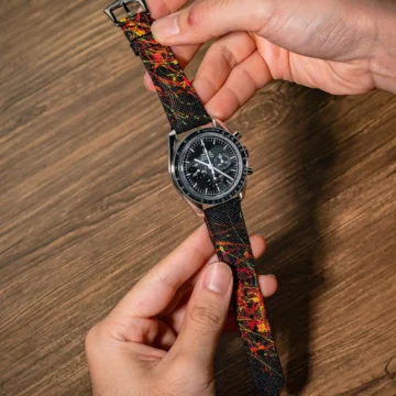 Black-Kevlar-Paint-splat-strap-on-Omega-speedmaster-made-by-Gunny-Straps