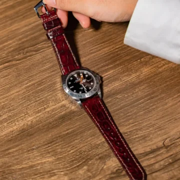 Bordeaux-Crocodile-watch-strap-on-Rolex-explorer-II-made-by-Gunny-Straps