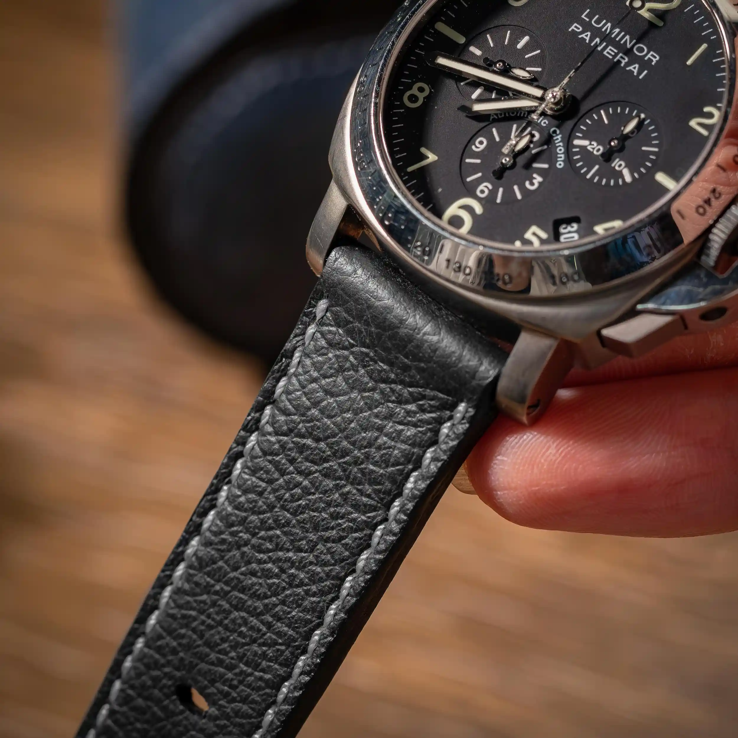 Pebble-black-strap-on-Panerai-luminor-PAM00072-made-by-Gunny-Straps