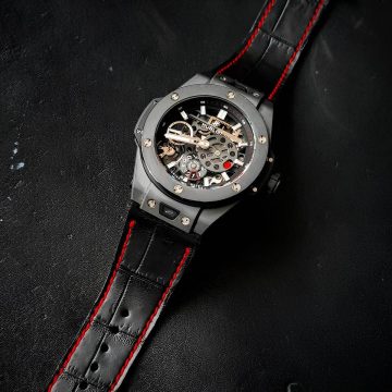 Black Croco Strap on Hublot Big Bang 45 Meca-10 (amal) by Gunny Straps