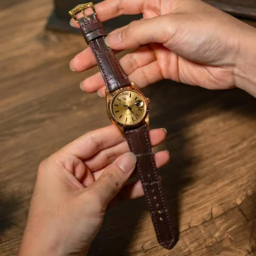 Dark-Brown-Crocodile-Watch-Strap-on-Rolex-Day-Date-made-by-gunny-straps
