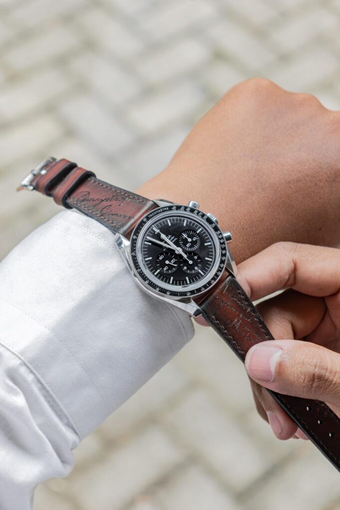 Dark Brown Pattina Scritto Strap on Omega Speedmaster - Gunny Straps
