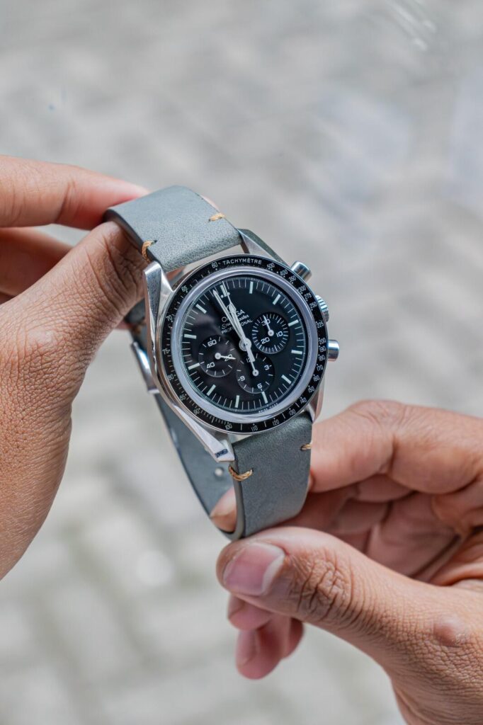 Minimalist Grey Strap on Omega Speedmaster - Gunny Straps