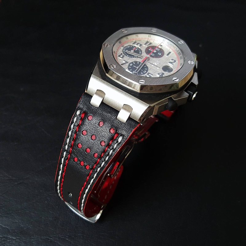 Racing Black with White Red Stitch Strap For Audemars Piguet Royal Oak Offshore Chronograph by Gunny Straps