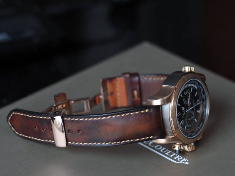 Artdeco1 vintage classy reddish brown leather strap by gunny straps shown on jaeger le coultre JLC and also for other wristwatch like rolex omega tag heuer patek philipe iwc breitling watch bands