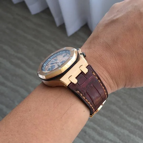 Bordeaux Croco Leather Strap For Audemars Piguet Royak Oak Offshore Chronograph Rose Gold by Gunny Straps