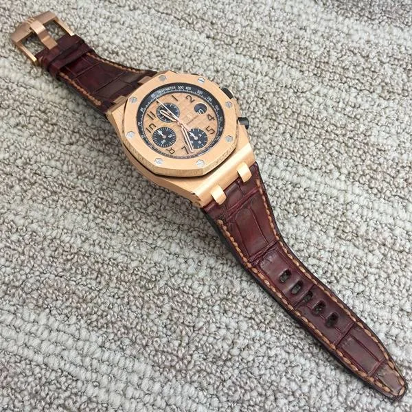 Bordeaux Croco Leather Strap For Audemars Piguet Royak Oak Offshore Chronograph Rose Gold by Gunny Straps