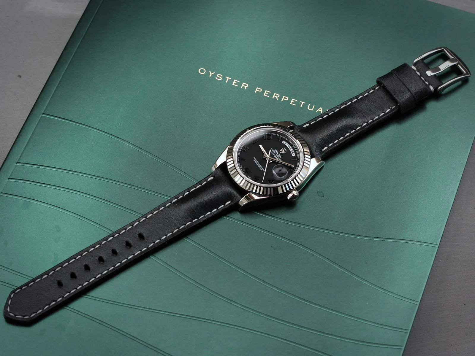 Black Padded Strap on Rolex Day Date II by Gunny Straps