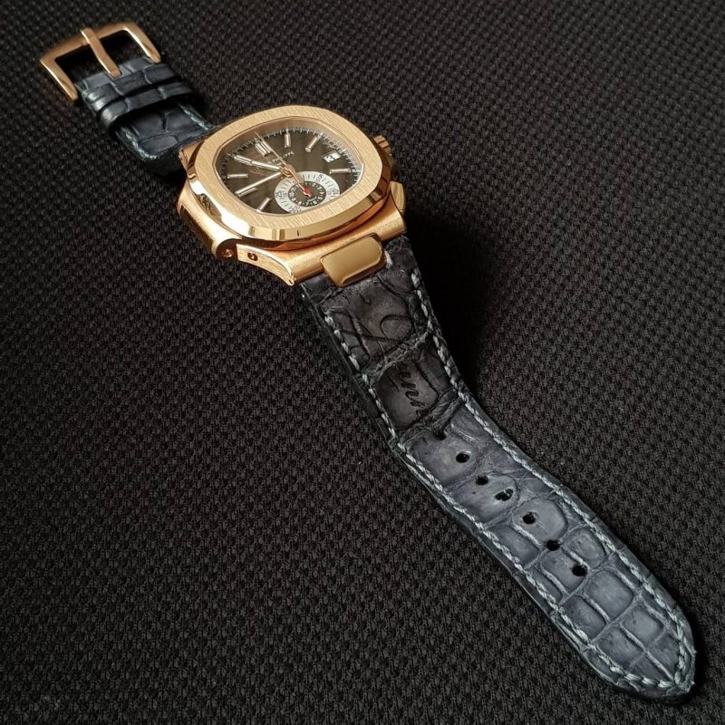 Grey Croco Leather Strap with Scritto For Patek Nautilus by Gunny Straps