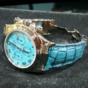Ice Blue Croco Strap on Rolex watch By Gunny Straps
