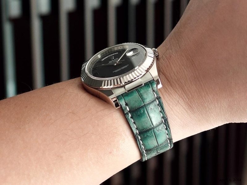 Turquoise Croco Strap on Rolex Day Date by Gunny Straps