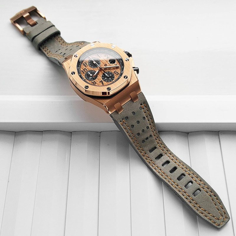 Racing Grey with Double Rose Gold Stitch For Audemars Piguet Royal Oak Offshore Chronograph by Gunny Straps