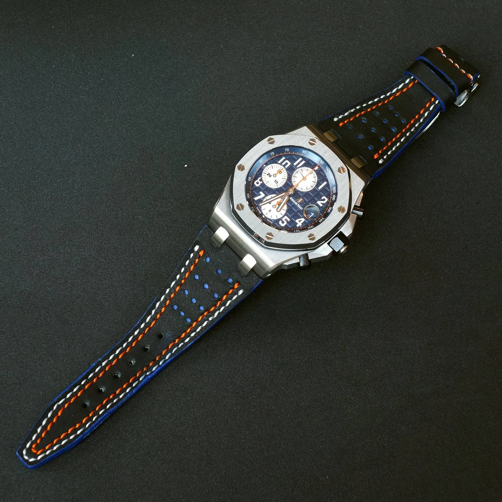 Audemars Piguet Straps - Racing Black with White Orange Stitch by Gunny Straps
