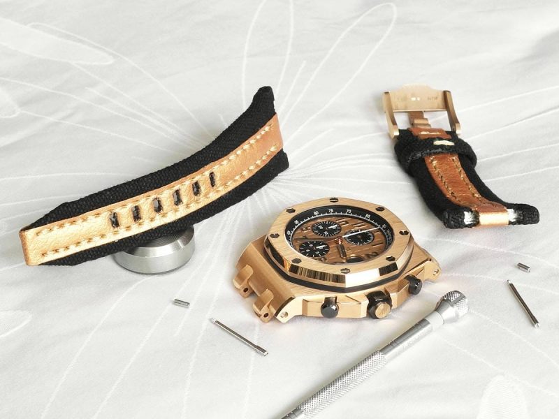 Threesome Black Gold Leather Strap for Audemars Piguet Royal Oak Offshore Chronograph by Gunny Straps