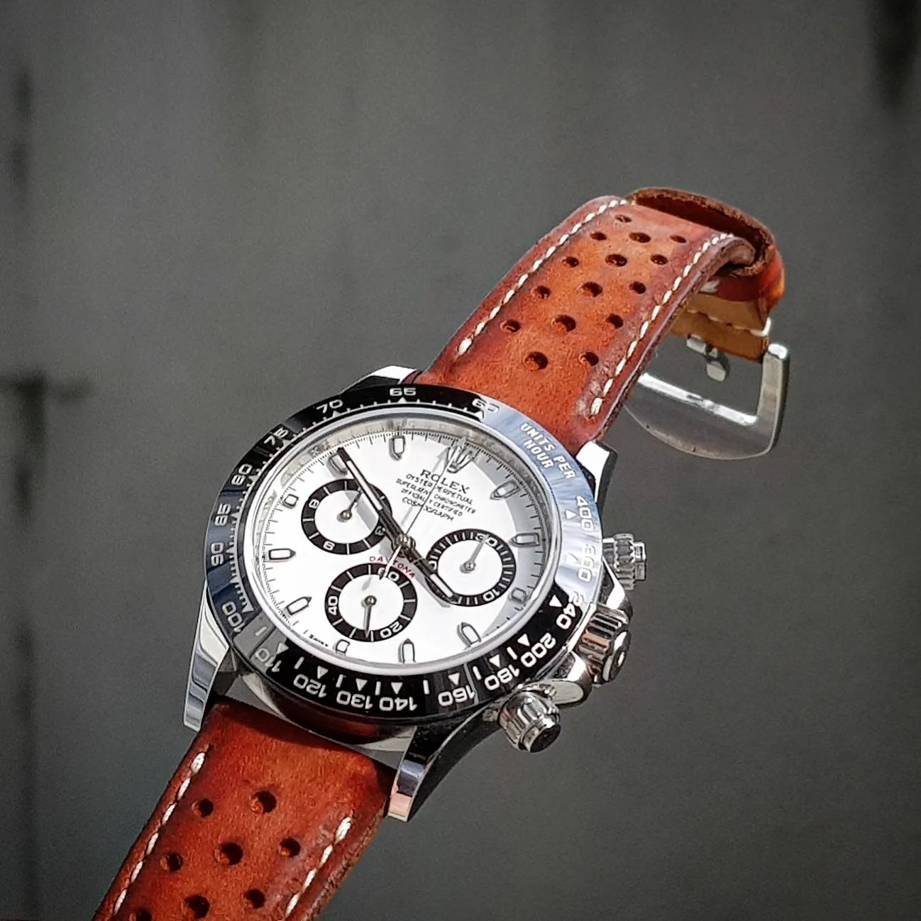 Dakkar Strap on Rolex Daytona Panda by Gunny Straps