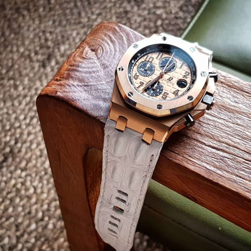 Matte White Double Hornback Croco Leather Strap For Audemars Piguet Royal Oak Offshore Chronograph Rose Gold by Gunny Straps