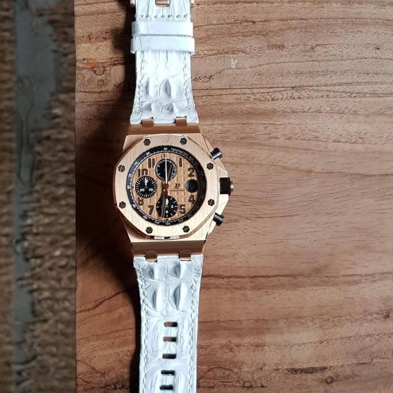 Matte White Double Hornback Croco Leather Strap For Audemars Piguet Royal Oak Offshore Chronograph Rose Gold by Gunny Straps