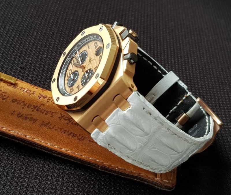 Matte White Double Hornback Croco Leather Strap For Audemars Piguet Royal Oak Offshore Chronograph Rose Gold by Gunny Straps