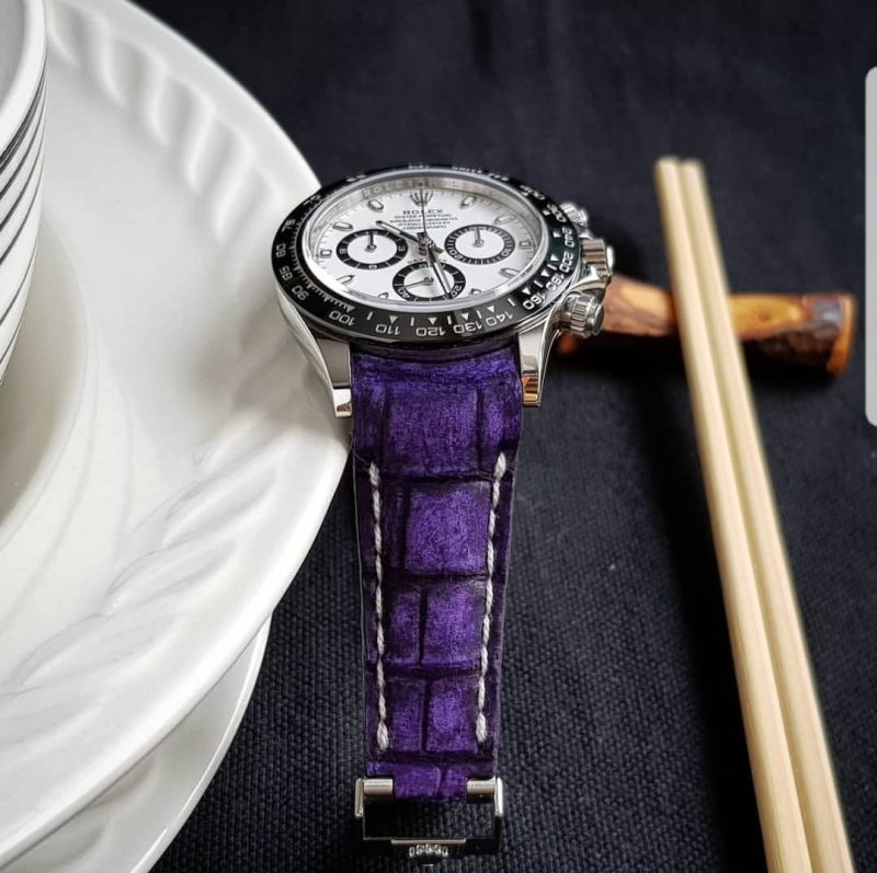 Purple Croco Nubuck Strap on Rolex Daytona ceramic 116500ln with curved ends by Gunny Straps