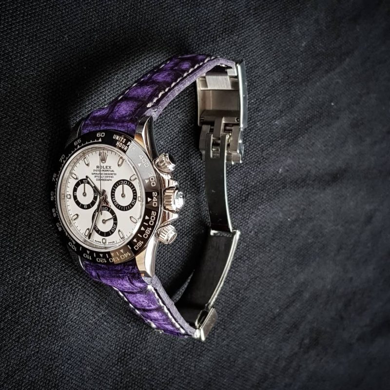 Purple Croco Nubuck Strap on Rolex Daytona ceramic 116500ln with curved ends by Gunny Straps