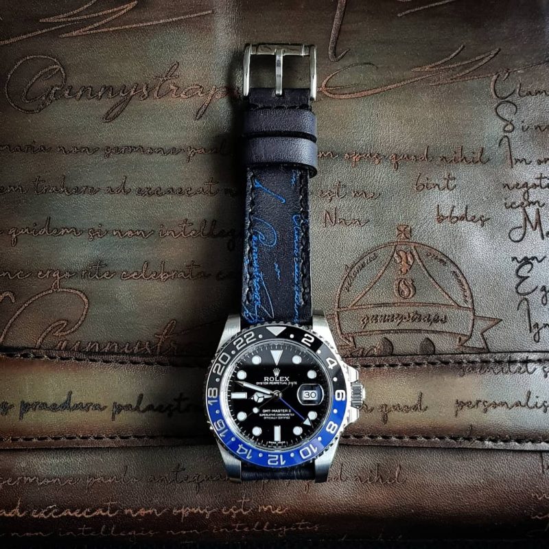 Black Patina with Blue Scritto Leather Strap For Rolex Batman