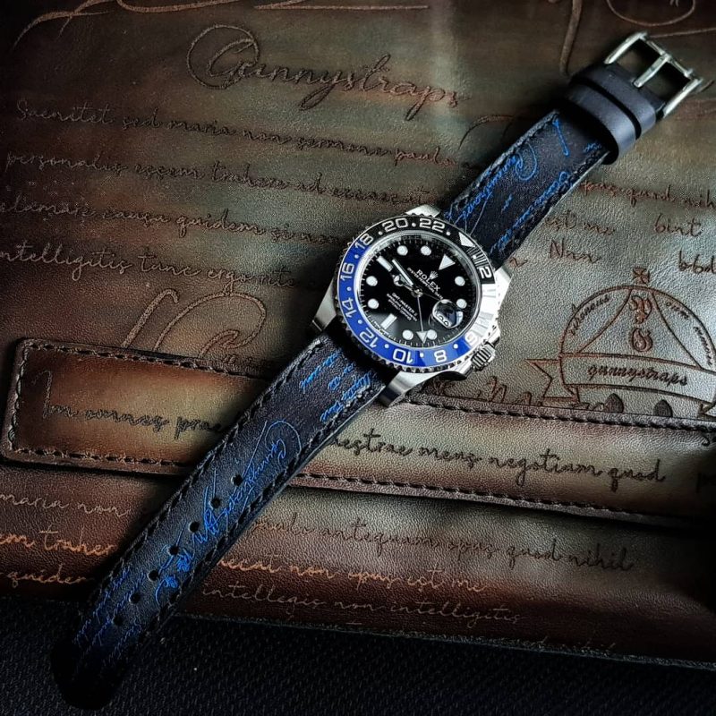 Black Patina with Blue Scritto Leather Strap For Rolex Batman