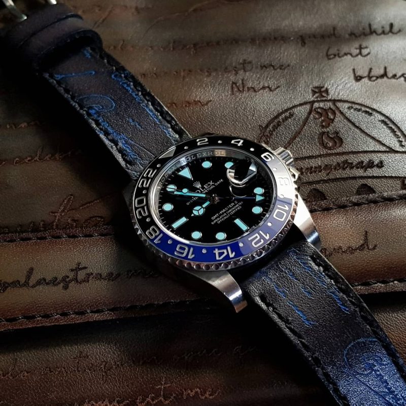 Black Patina with Blue Scritto Leather Strap For Rolex Batman