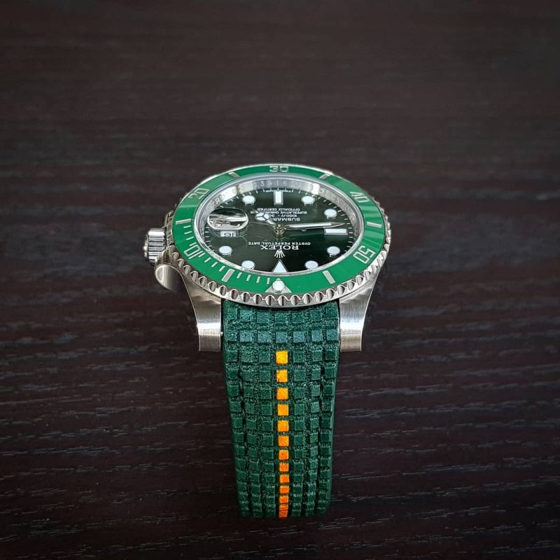 Extreme Green Chessboard with Orange Stripe Leather Strap For Rolex Hulk by Gunny Straps