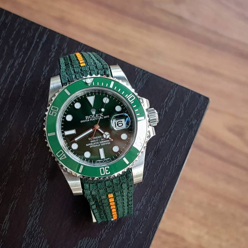 Extreme Green Chessboard with Orange Stripe Leather Strap For Rolex Hulk by Gunny Straps