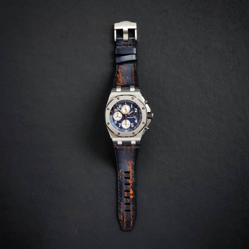 Dark Blue Patina with Orange Scritto Leather Strap For Audemars Piguet Royal Oak Offshore Chronograph by Gunny Straps