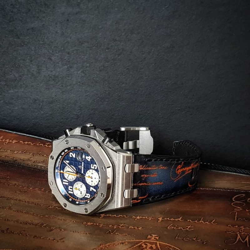 Dark Blue Patina with Orange Scritto Leather Strap For Audemars Piguet Royal Oak Offshore Chronograph by Gunny Straps