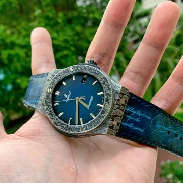Blue patina with cyan scritto strap on Hublot Classic Fusion by Gunny Straps
