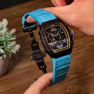 Teal-crocodile-watch-strap-on-ofteq-watch-made-by-Gunny-Straps