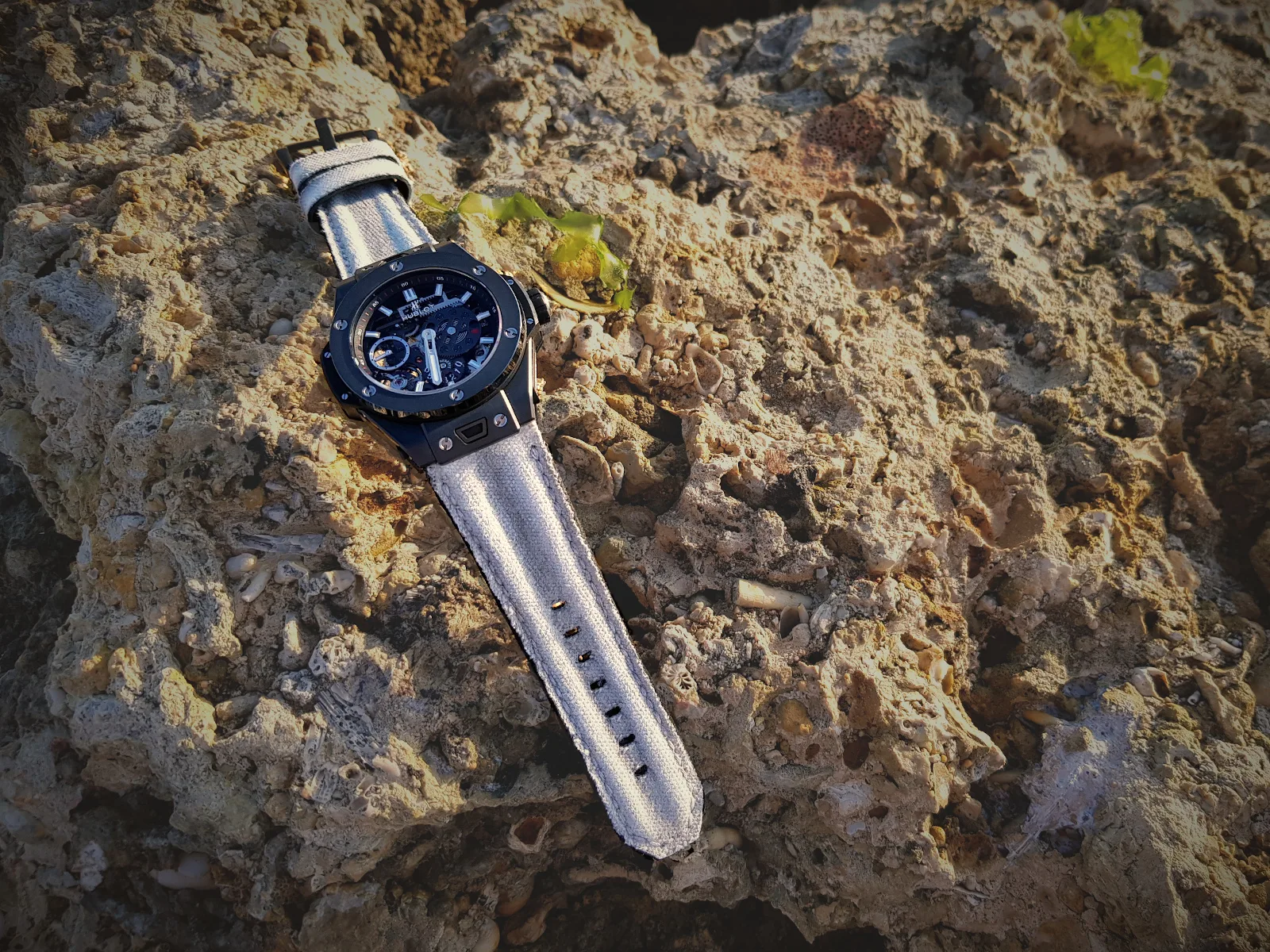 Double Muscular Vintage White Canvas Strap on Hublot by Gunny Straps
