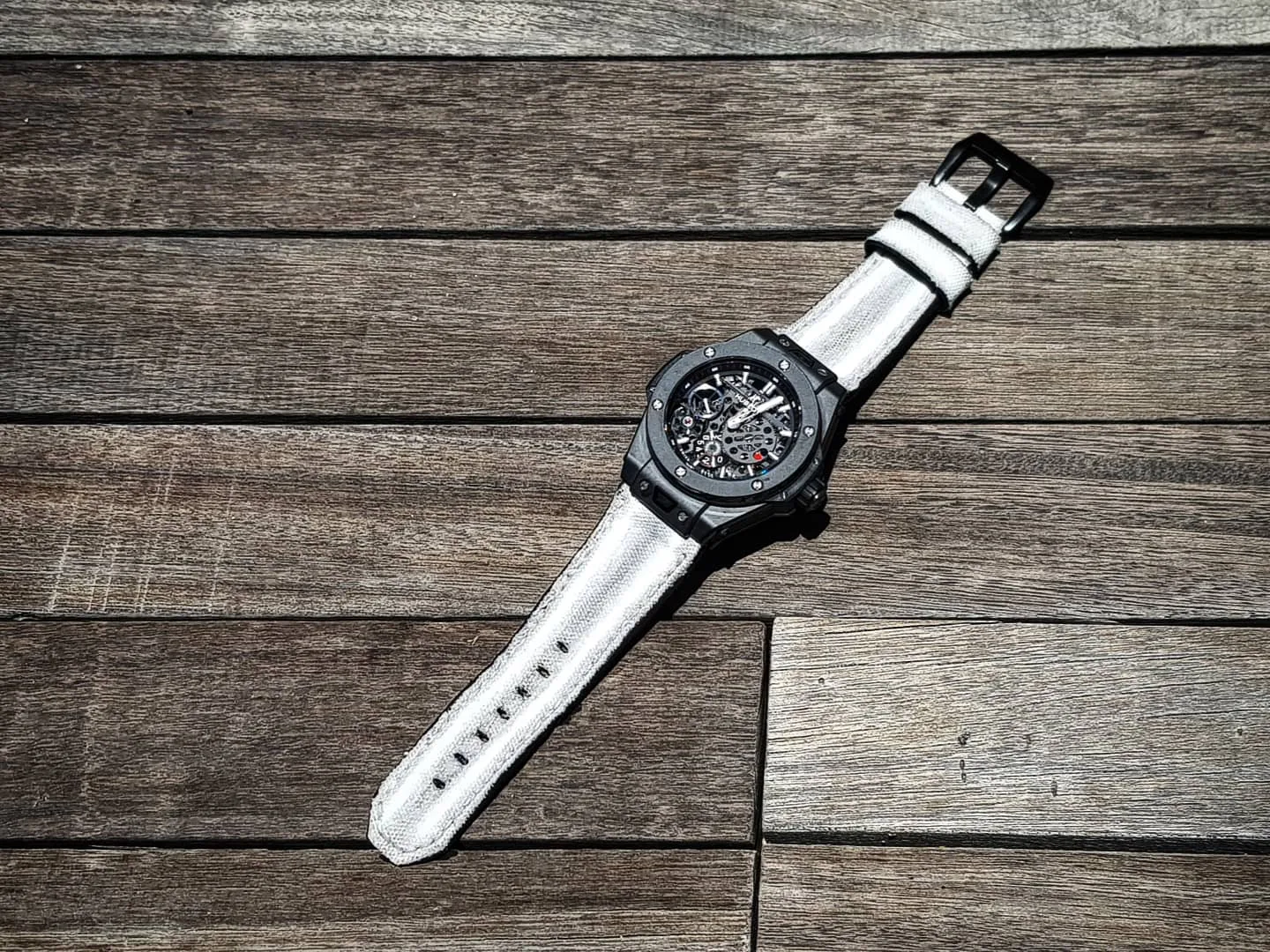 Double Muscular Vintage White Canvas Strap on Hublot by Gunny Straps