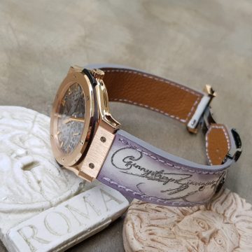 White Marble Scritto Strap on Hublot by Gunny Straps