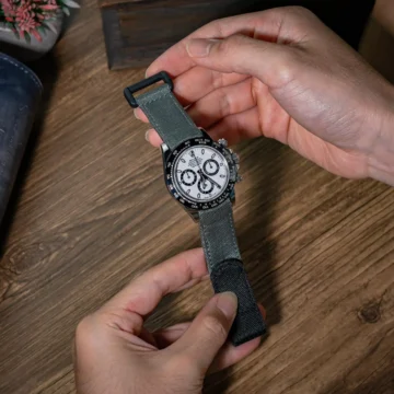 Dark-grey-kevlar-strap-with-hook-loop-on-Rolex-Daytona-Ceramic-Panda-made-by-Gunny-Straps