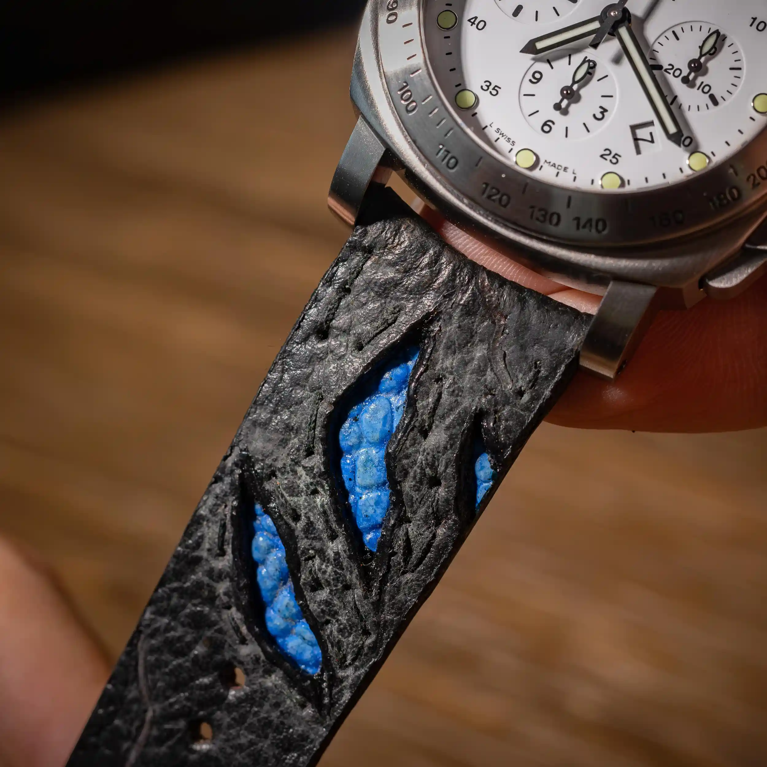 godzilla-blue-leather-strap-on-Panerai-Luminor-Chrono-Daylight-made-by-Gunny-Straps