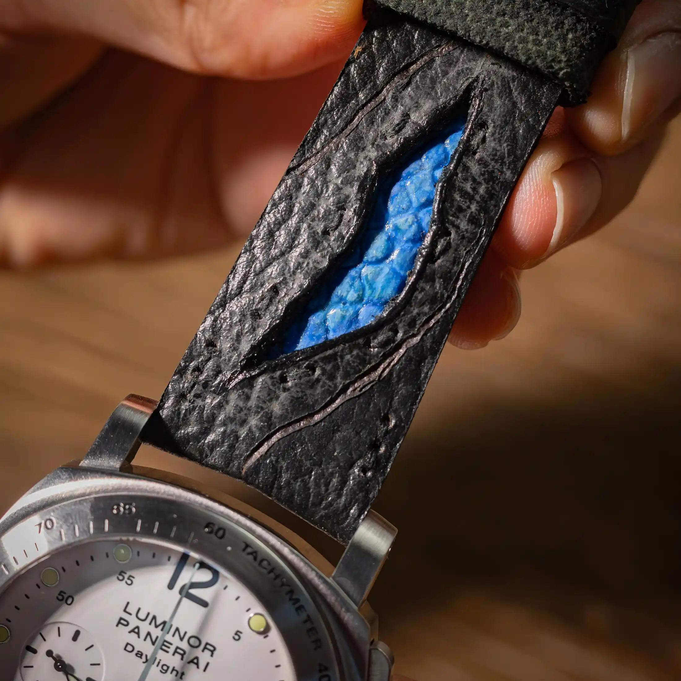 godzilla-blue-leather-strap-on-Panerai-Luminor-Chrono-Daylight-made-by-Gunny-Straps