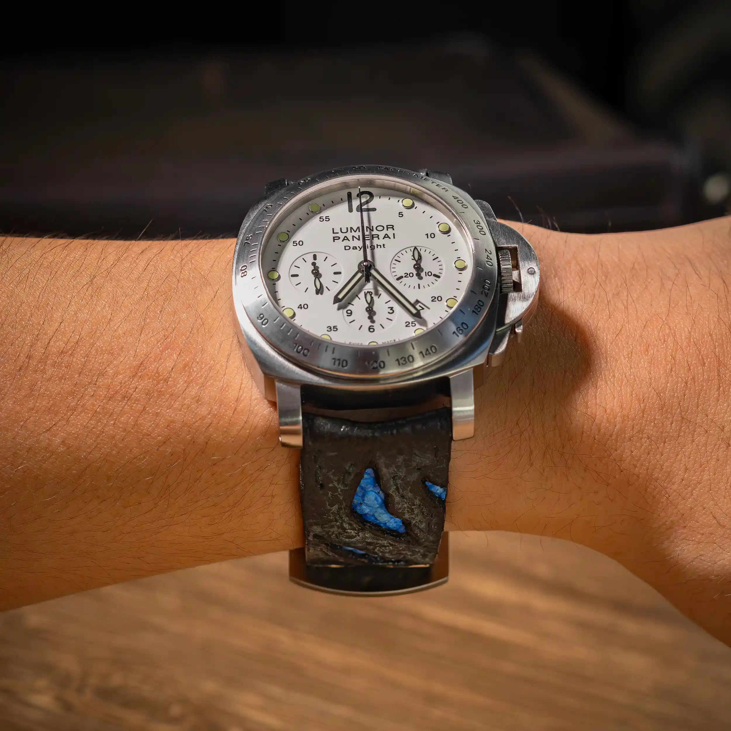 godzilla-blue-leather-strap-on-Panerai-Luminor-Chrono-Daylight-made-by-Gunny-Straps