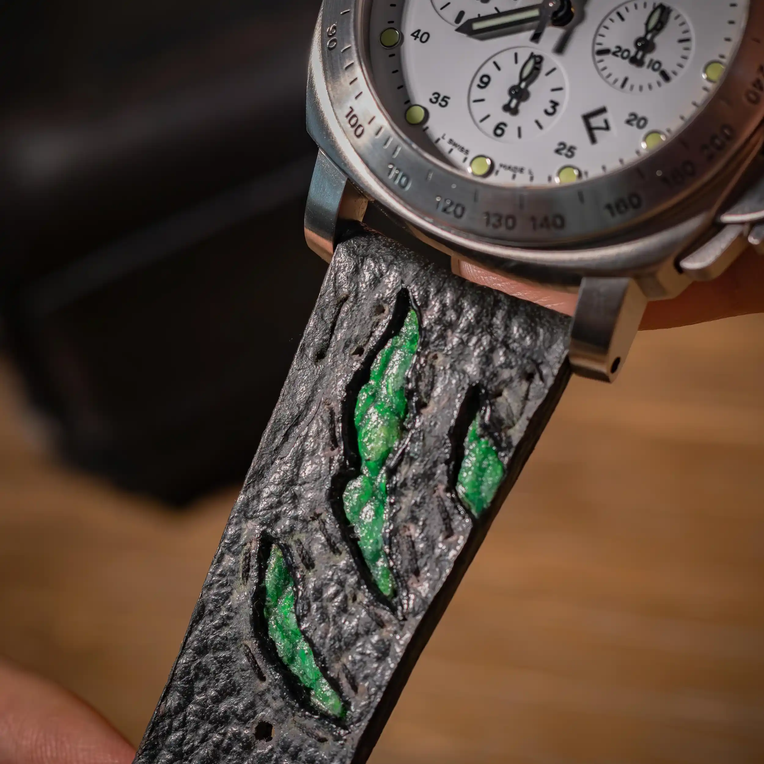 godzilla-green-leather-strap-on-Panerai-Luminor-Chrono-Daylight-made-by-Gunny-Straps