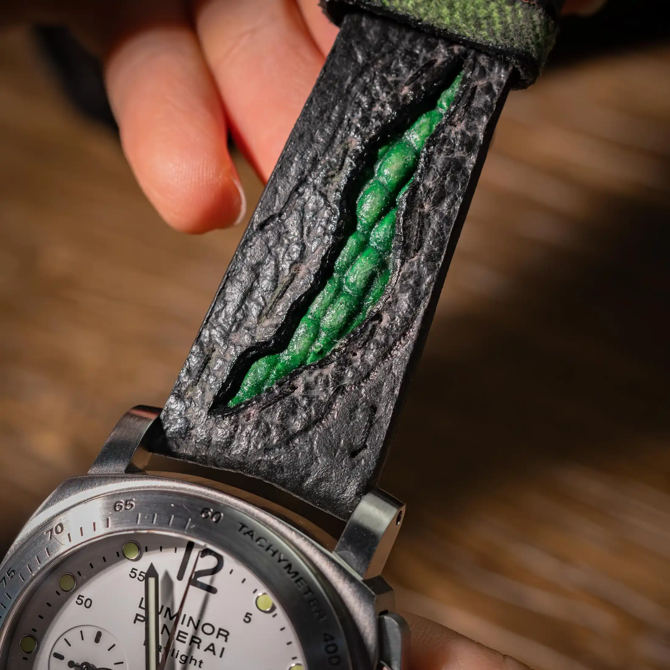 godzilla-green-leather-strap-on-Panerai-Luminor-Chrono-Daylight-made-by-Gunny-Straps
