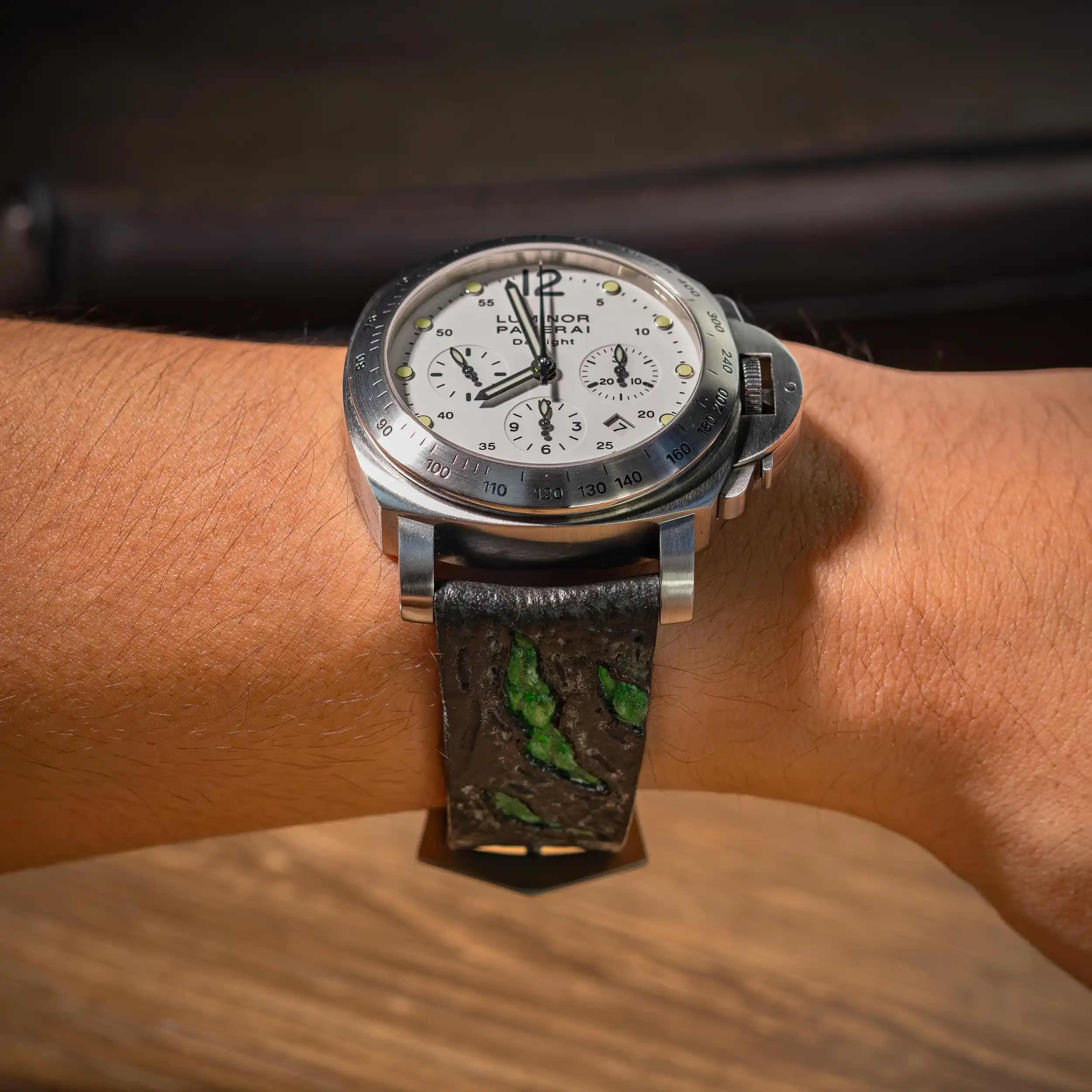 godzilla-green-leather-strap-on-Panerai-Luminor-Chrono-Daylight-made-by-Gunny-Straps