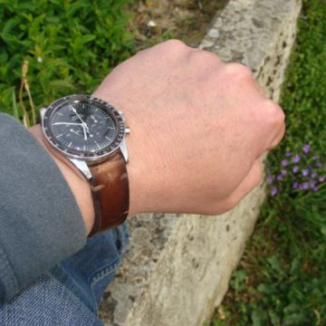 Caitlin 4 leather strap with minimal stitch on Omega Speedmaster by Gunny Straps