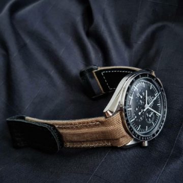 Camel Kevlar Strap with Hook & Loop on Omega Speedmaster by Gunny Straps