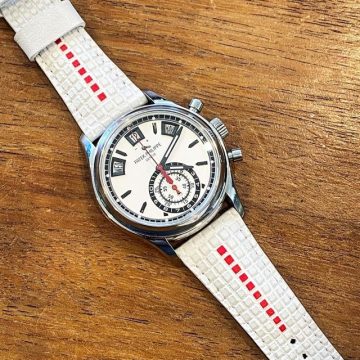 Extreme Chessboard White Strap with Red Stripe on Patek Philippe Annual Calendar by Gunny Straps
