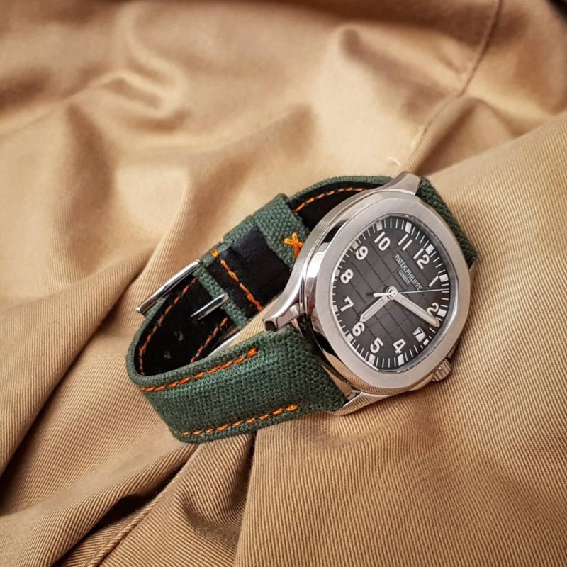 Army Green Canvas Strap with Orange Stitch on Patek Philippe Aquanaut by Gunny Straps