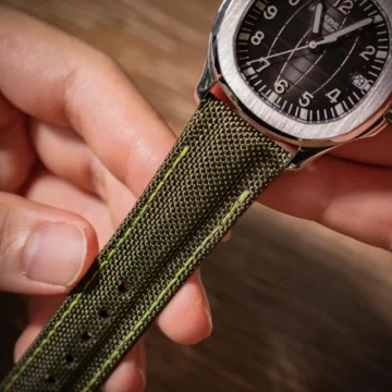 Army-Green-kevlar-strap-on-Patek-philippe-Aquanaut-madxe-by-Gunny-Straps