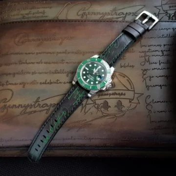 Black-Patina-with-Green-Scritto-Strap-on-Rolex-Submariner-Hulk-made-by-Gunny-Straps